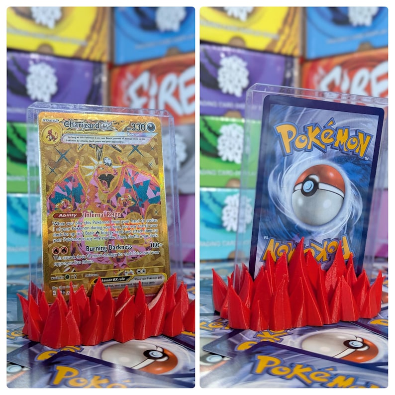 May include: A red plastic Pokemon card display stand with a clear plastic case holding a Charizard GX Pokemon card. The card features a gold and pink design with the text "Charizard GX" and "Internal Flame".