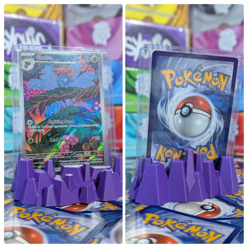 May include: Purple plastic Pokemon card holder with a clear plastic case holding a Gloom Pokemon card. The card has a purple, green, and blue design with the text "Gloom" and "Inviting Scent".