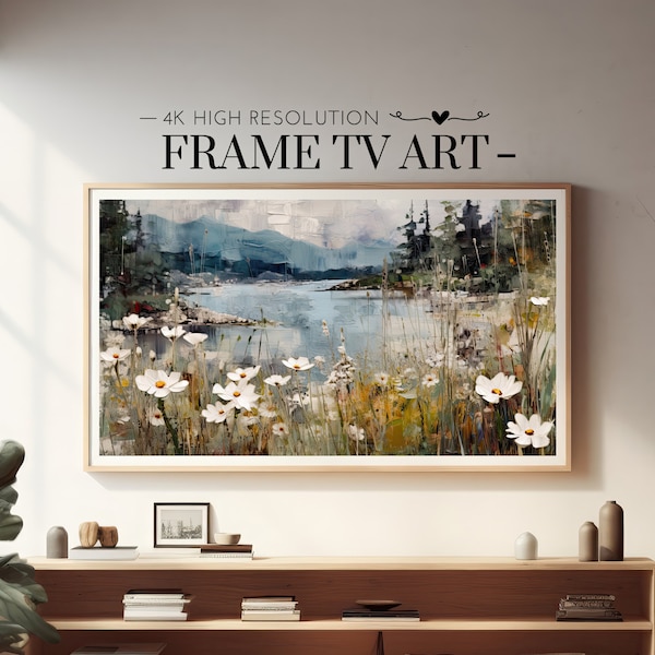 Samsung Frame TV Art, Vintage Wildflower Oil Painting, Wildflower Field, Lake, Frame TV Art Spring, Flower Aesthetic, Digital Download, 4K