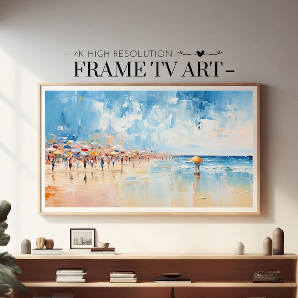 Samsung Frame TV Art, Abstract Beach Scene Oil Painting, Umbrella Art, Ocean View, Summertime Beach, Coastal Scenery, Digital Download 4K HD