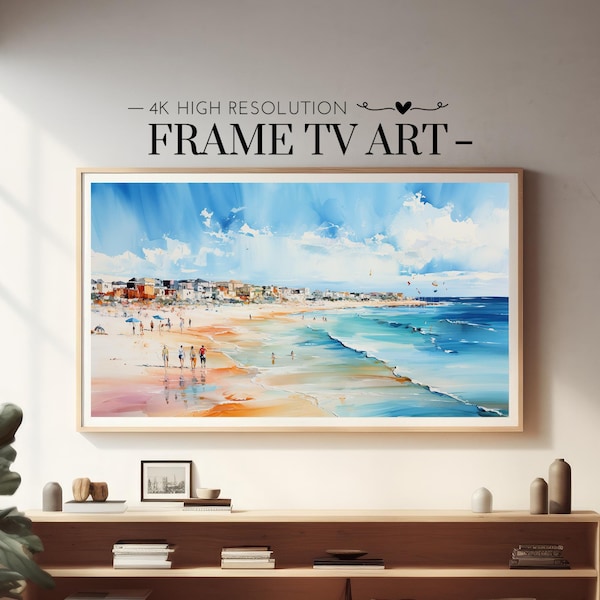 Samsung Frame TV Art, Abstract Seaside Town Oil Painting, Coastal View, Summer Beach Scene, Summer Vibe Art, Beach Art, Digital Download 4K