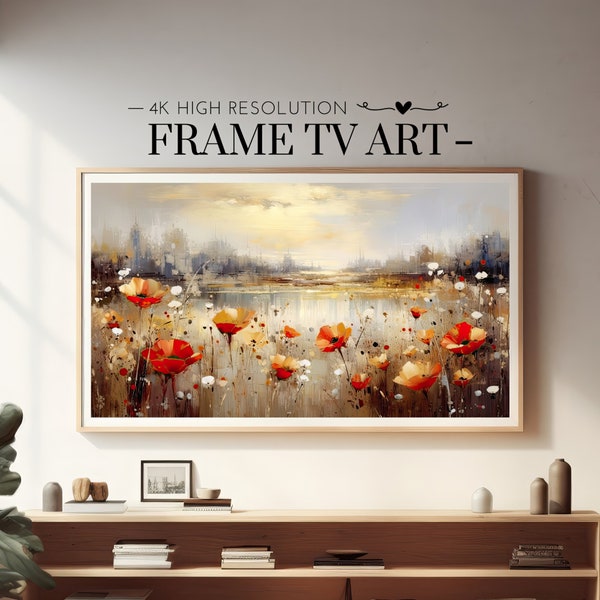 Samsung Frame TV Art, Vintage Poppy Meadow Oil Painting, Wildflower Field, Spring Flowers, Lake, Vintage Aesthetic, Fall, Digital Download