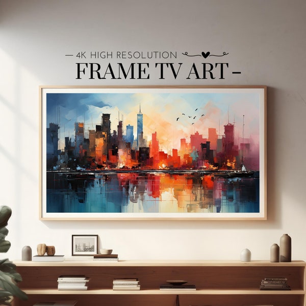 Samsung Frame TV Art, Abstract Cityscape Skyline Oil Painting, Urban Sunset, Industrial Modern Aesthetic, City Inspired, Digital Download 4K