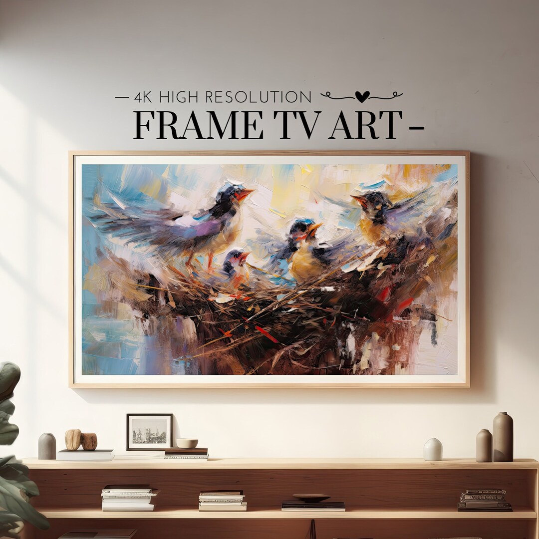 Samsung Frame TV Art, Abstract Birds Nest Oil Painting, Nature Inspired