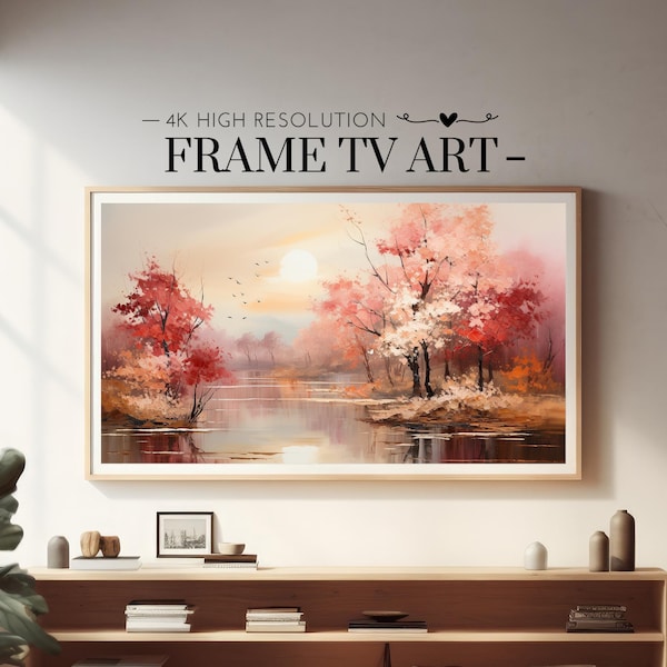 Samsung Frame TV Art, Autumn Meadow Creek Landscape Oil Painting, Deer Forest, Rustic Woodland, Fall Season Wildlife Nature Digital Download