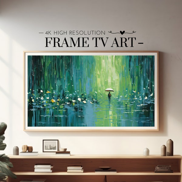 Samsung Frame TV Art, Spring Rain Shower Oil Painting, Abstract Art, Tranquil Pond Scene, Impasto Art, Modern Aesthetic, Digital Download 4K