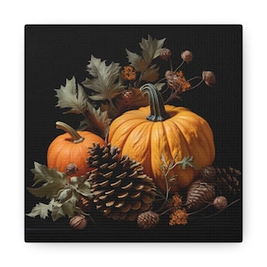 Celebration of Fall Pumpkins Leaves and Pinecones Canvas Gallery Wrap Wall Hanging Home Decor