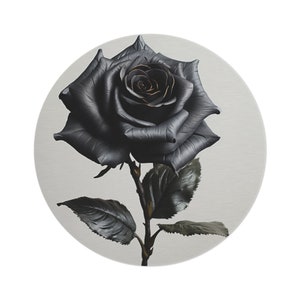 Single Black Rose on White Round Rug