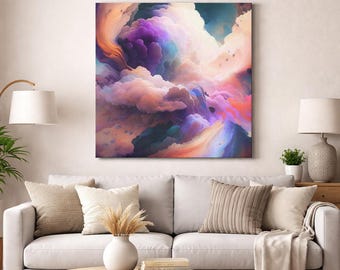 Dreamy Abstract Cloud Canvas Wall Art – Colorful Pastel Sky Painting, Modern Living Room Decor, Large Statement Canvas Print