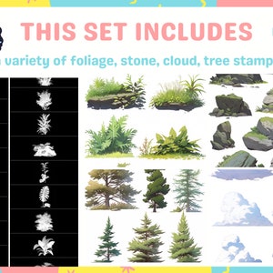 Procréez des pinceaux et des tampons d'arrière-plan pour le feuillage de la nature Ghibli, Makoto Shinkai, herbe, nuages, arbres Kit de relaxation ultime image 7