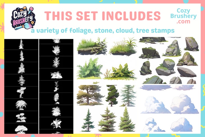 Procréez des pinceaux et des tampons d'arrière-plan pour le feuillage de la nature Ghibli, Makoto Shinkai, herbe, nuages, arbres Kit de relaxation ultime image 7