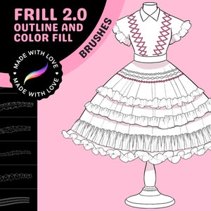 Frill Magic 2.0 Procreate Brushes for Perfect Frills & Colorful Outlines, Double Technique Mastery, 50 Unique Ruffle Dress Brushes image 1