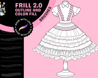 Frill Magic 2.0 - Procreate Brushes for Perfect Frills & Colorful Outlines, Double Technique Mastery, 50 Unique Ruffle Dress Brushes