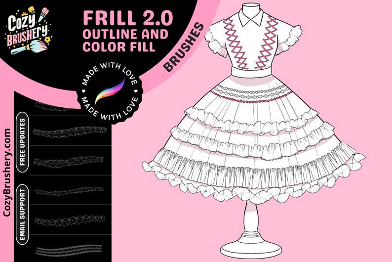 Frill Magic 2.0 Procreate Brushes for Perfect Frills & Colorful Outlines, Double Technique Mastery, 50 Unique Ruffle Dress Brushes image 1