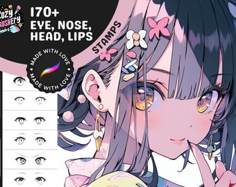 170 tampons Anime Procreate pour les yeux, le nez, la bouche, les lèvres, le visage et la tête - Pack essentiel pour artistes débutants et intermédiaires