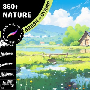 Procréez des pinceaux et des tampons d'arrière-plan pour le feuillage de la nature Ghibli, Makoto Shinkai, herbe, nuages, arbres Kit de relaxation ultime image 1