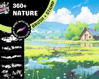 Procréez des pinceaux et des tampons d'arrière-plan pour le feuillage de la nature - Ghibli, Makoto Shinkai, herbe, nuages, arbres Kit de relaxation ultime