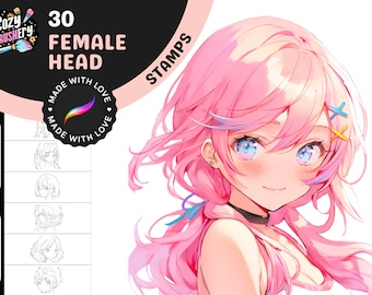 30 Anime Procreate Stamp Brushes Bundle Anime Girl Head Hair Face Eyes, Instant Digital Download
