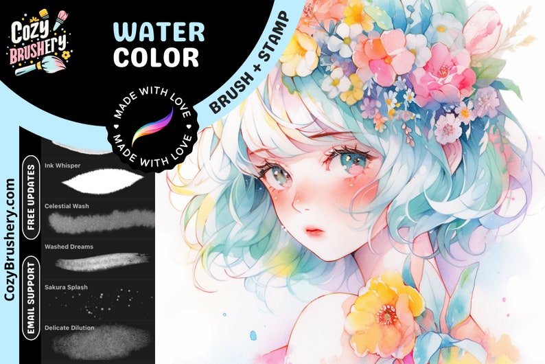 Procreate Anime-Aquarellpinsel für Anime, Manga, Cartoon, Porträt, Hintergründe, Digital Creator, Kunstskizzen, Illustrationspaket Bild 1