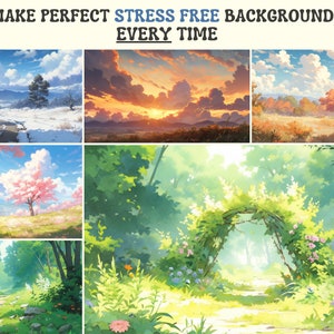 Procréez des pinceaux et des tampons d'arrière-plan pour le feuillage de la nature Ghibli, Makoto Shinkai, herbe, nuages, arbres Kit de relaxation ultime image 3