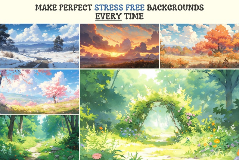 Procréez des pinceaux et des tampons d'arrière-plan pour le feuillage de la nature Ghibli, Makoto Shinkai, herbe, nuages, arbres Kit de relaxation ultime image 3