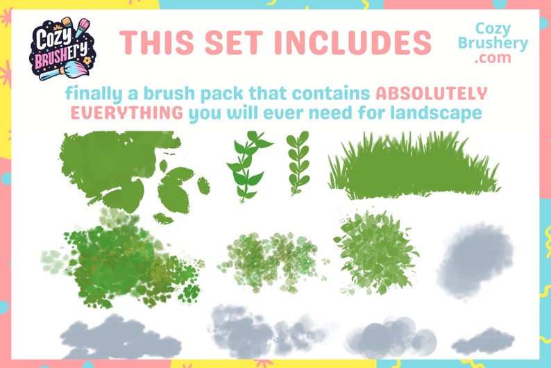 Procréez des pinceaux et des tampons d'arrière-plan pour le feuillage de la nature Ghibli, Makoto Shinkai, herbe, nuages, arbres Kit de relaxation ultime image 2