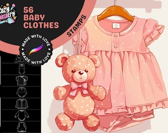 Sellos Procreate: Baby Boutique, 56 adorables sellos de ropa de bebé para dulce arte infantil, ideal para invitaciones a baby shower y recién nacidos