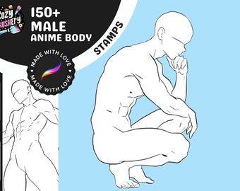 Sellos de plantilla de cuerpo masculino de anime para Procreate - Poses rápidas y contornos corporales de alta calidad para arte