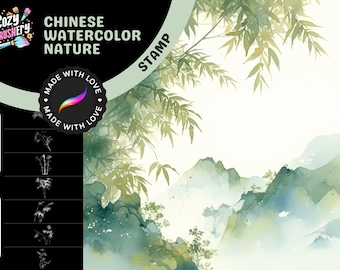 Pinceaux Procreate : essence orientale, 135 plantes chinoises, arbres et montagnes chinois, kit d'art Serene Nature