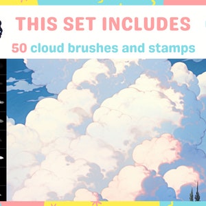 Procréez des pinceaux et des tampons d'arrière-plan pour le feuillage de la nature Ghibli, Makoto Shinkai, herbe, nuages, arbres Kit de relaxation ultime image 5