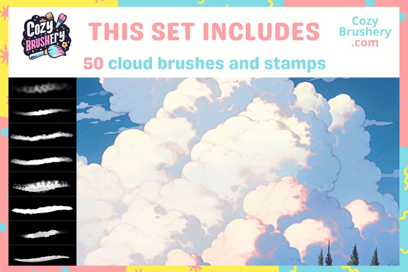Procréez des pinceaux et des tampons d'arrière-plan pour le feuillage de la nature Ghibli, Makoto Shinkai, herbe, nuages, arbres Kit de relaxation ultime image 5