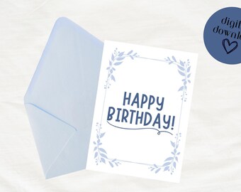 Printable Happy Birthday Card - Featuring Blue Flower - Horizontal ...