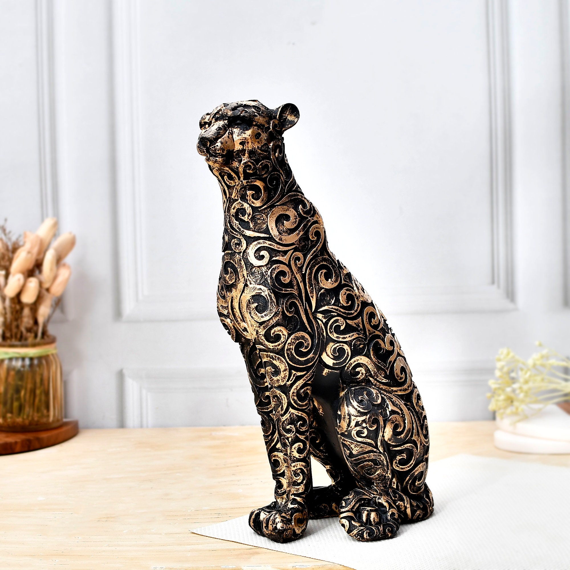 Black and Gold Leopard Statue Sitting on Table Black and Gold Leopard Statue  Resin Leopard Figurine Black and Gold Home Décor 