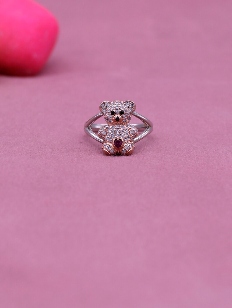 Baby Bear Ring Anniversary Teddy Bear Ring With Heart Ruby Etsy
