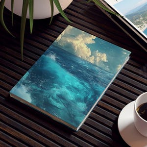 May include: A dark wooden table with a coffee cup, a small notebook with a blue ocean image, a potted plant, and a magazine titled "TRAVEL MAGAZINE". The magazine has a landscape photo on the cover.