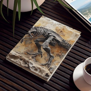 May include: A dark brown slatted coffee table with a white coffee cup and saucer, a potted plant, and a magazine titled "TRAVEL MAGAZINE." A rectangular relief sculpture of a dinosaur skeleton is also on the table.