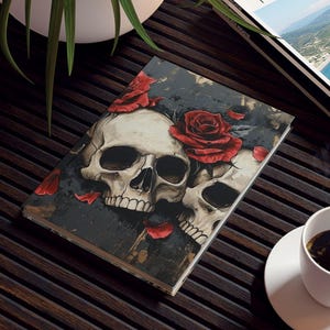 Roses And Skulls On Metal Frame Design Journal Notebook, Hardcover or Spiral, Lined Writing Journal Diary School Work Travel