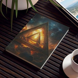 May include: A coffee table with a notebook featuring a triangular design with a sunset scene. A cup of coffee, a potted plant, and a magazine titled "TRAVEL MAGAZINE" are also on the table.