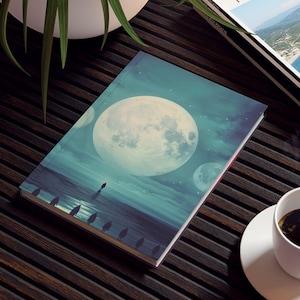 May include: A dark brown wooden coffee table with a plant in a white pot, a travel magazine, a notebook with a moon illustration, and a cup of coffee. The magazine has the text "TRAVEL MAGAZINE". The notebook has a person standing on a beach.