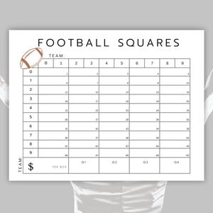 Puede incluir: Un tablero de juego Football Squares blanco con el título "FOOTBALL SQUARES" y un gráfico de fútbol. La cuadrícula está numerada del 0 al 9 en horizontal y vertical, con espacios para nombres de equipos y precios por casilla.