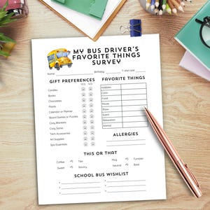 Bus Driver Appreciation Template, All About My Bus Driver, Favorite Things Printable Survey, Back to School Bus Driver Wishlist Request Form