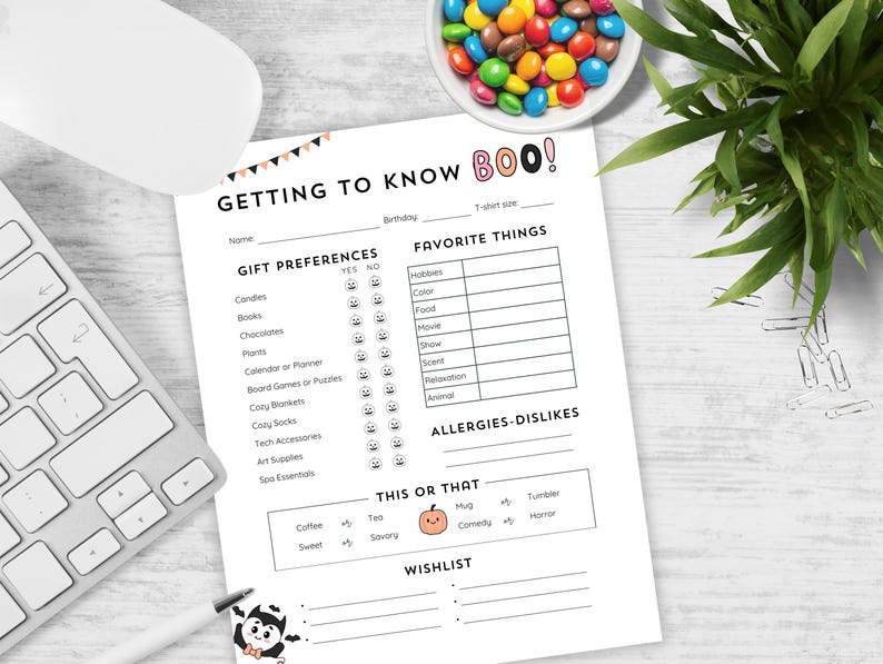 Boo Buddy Questionnaire Printable, All About Coworker, Favorite Things