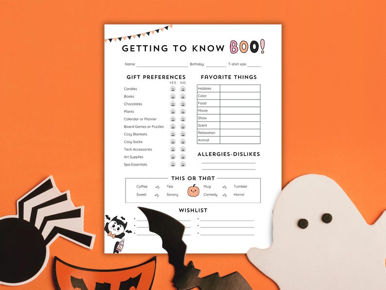 Boo Buddy Questionnaire Printable, All About Coworker, Favorite Things