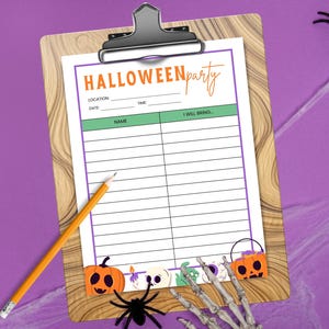 May include: A clipboard with a Halloween party invitation. The invitation has the words "Halloween Party" in orange and purple. The clipboard has a wooden appearance and includes a pencil. Decorative pumpkins, spiders, and a skeleton hand are also present.