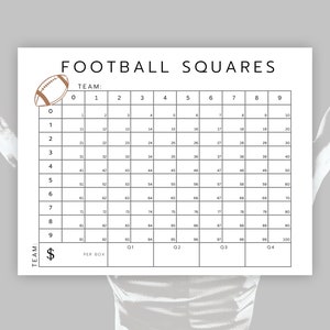 May include: A printable football squares game board with a brown football icon at the top. The board is numbered from 0 to 9 across the top and down the side. The board is divided into 100 squares, each with a number from 1 to 100. The bottom of the board has a section for team names, a price per box, and four quarters.