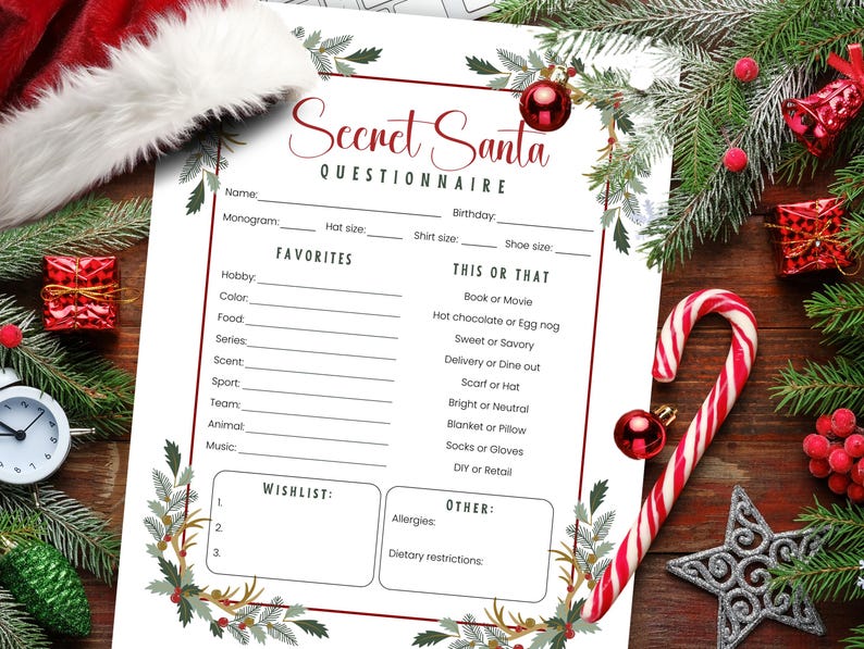 Secret Santa Questionnaire Coworker Printable, Teacher Favorite Things Holiday Basket Ideas ...