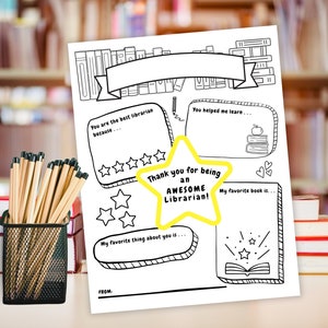 Letrero imprimible de agradecimiento para bibliotecario escolar, carta de agradecimiento para completar en la Semana de Agradecimiento a la Biblioteca, página para colorear para especialista en medios
