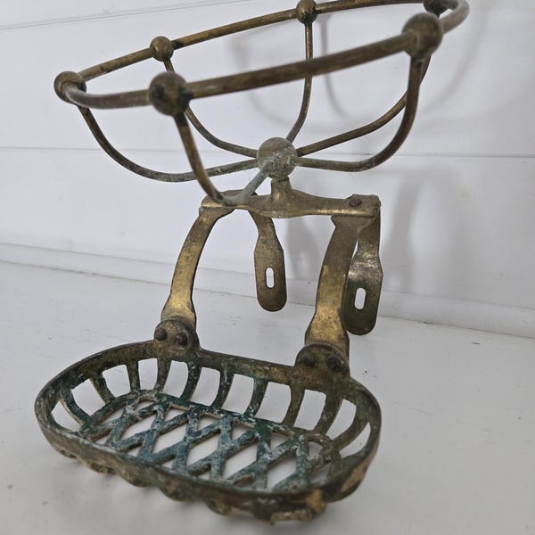 Antique brass soap and sponge holder for clawfoot tub