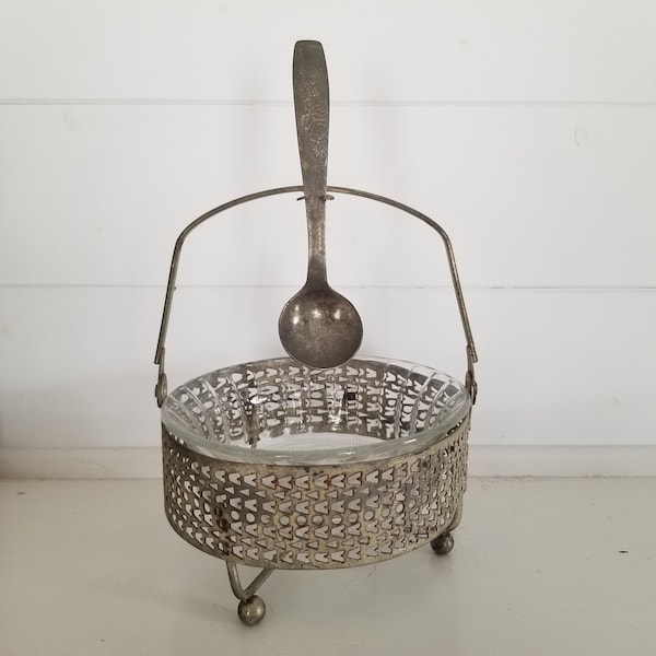 Small relish dish, with metal holder and serving spoon