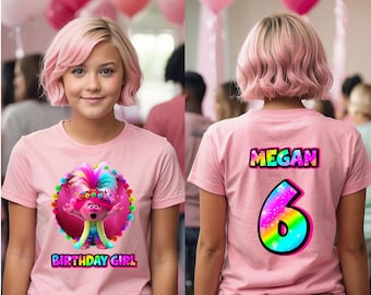 Personalized Poppy Trolls Front and Back Birthday Girl, Birthday Boy, Family Shirt, Party Family Matching Tee.